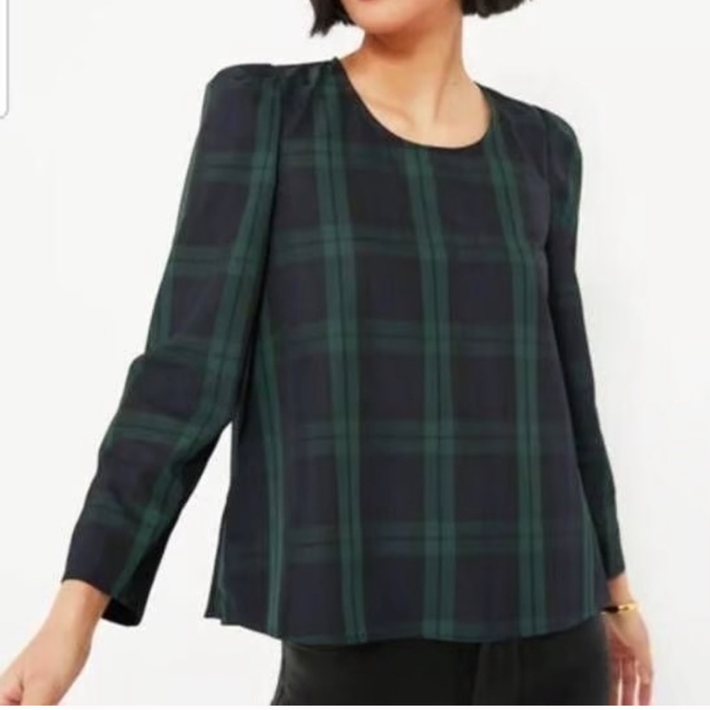 Pomander Place Black and Dark Green Plaid Long-Sleeve Blouse